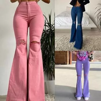 Женские джинсы, длинные брюки Bootcut, модные эластичные джинсовые джинсы с грубым подолом, женские аксессуары XL розовый