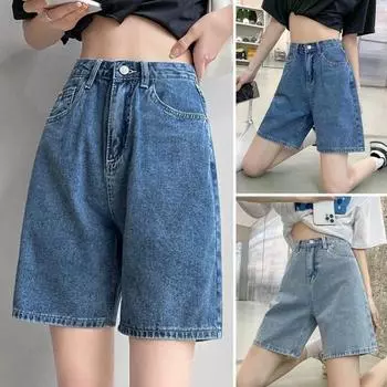 Женские джинсы длиной до колена, прямые джинсовые шорты с высокой талией, застежкой-молнией и пуговицами в стиле ретро, однотонные свободные женские джинсовые шорты, повседневные короткие брюки M темно-синий
