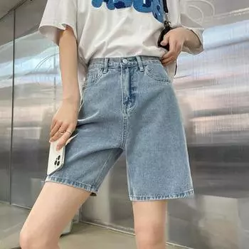 Женские джинсы длиной до колена, прямые джинсовые шорты с высокой талией, застежкой-молнией и пуговицами в стиле ретро, однотонные свободные женские джинсовые шорты, повседневные короткие брюки M темно-синий