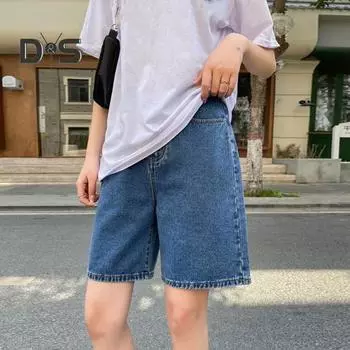 Женские джинсы длиной до колена, регулируемая застежка-молния на пуговицах на талии, карманы больших размеров, винтажные однотонные свободные женские джинсовые шорты, повседневные короткие S светло-синий