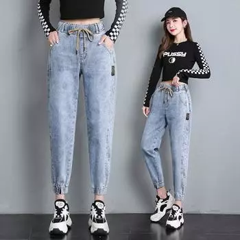 Женские джинсы для бойфрендов, длинные джинсы для мамы, ковбойские джинсовые штаны, шаровары, винтажные джинсы с высокой талией XXL синий