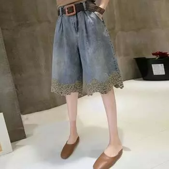 Женские джинсы до колена, джинсовые брюки с кружевной строчкой, модные повседневные брюки больших размеров, свободные прямые широкие летние брюки S синий