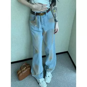 Женские джинсы, джинсовые брюки, контрастные брюки с принтом тай-дай, одежда в корейском стиле, модная уличная одежда 2023 года в стиле Харадзюку, летняя одежда y2k с высокой талией S