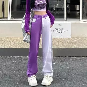 Женские джинсы, джинсовые брюки с цветными блоками, контрастные лоскутные брюки с высокой талией y2k, фиолетовые, белые, повседневные модные летние джинсовые брюки 2023 S фиолетовый