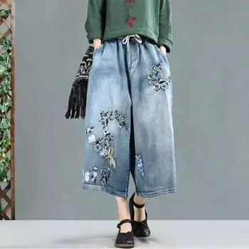 Женские джинсы, джинсовые брюки с длиной до икры, цветочная вышивка, модные повседневные брюки больших размеров, свободные прямые широкие мешковатые штаны S синий
