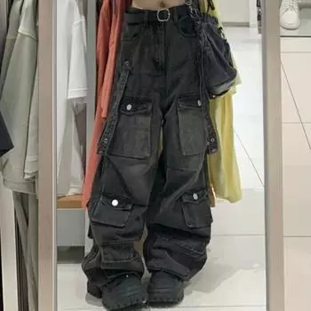 Женские джинсы, джинсовые брюки с несколькими карманами и лентой, модные повседневные брюки больших размеров, свободные прямые брюки для бойфренда, уличная одежда, винтажный Харадзюку S