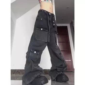 Женские джинсы, джинсовые брюки с петлями, шнуровкой, поясом, карманом и клапаном, уличная одежда y2k, брюки-карго, повседневные свободные прямые брюки в стиле Харадзюку для бойфренда S