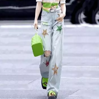 Женские джинсы, джинсовые брюки с рваными отверстиями, расшитые бисером, модные повседневные брюки больших размеров, уличная одежда для бойфренда, винтажный стиль y2k в стиле Харадзюку M