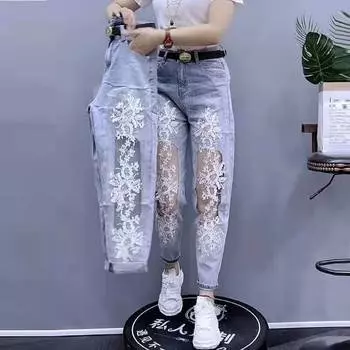 Женские джинсы, джинсовые брюки с вышивкой, кружевная строчка, контрастные тонкие модные повседневные брюки больших размеров, элегантные брюки с высокой талией S