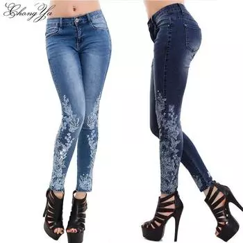 Женские джинсы Джинсы с высокой талией и вышивкой Леггинсы S темно-синий