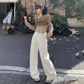 Женские джинсы Four Seasons American White Simple Wide Leg, свободные и универсальные прямые брюки до пола с высокой талией XS белый