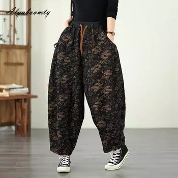 Женские джинсы гаремы больших размеров весна-осень на кулиске с высокой посадкой с винтажным принтом мешковатые джинсовые брюки стильные повседневные свободные большого размера женские джинсы M