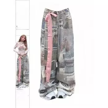 Женские джинсы-газеты Harajuku Y2k в японском стиле 2000-х годов, эстетика 90-х, джинсовые брюки, винтажная дрянная модная одежда S