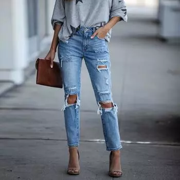 Женские джинсы градиентного цвета, облегающие рваные джинсы, брюки больших размеров S синий