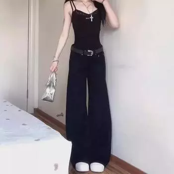 Женские джинсы High-End American Retro Black Wide-Leg - Заниженная талия, облегающий крой, драпировка, свободные, повседневные летние брюки L чёрный