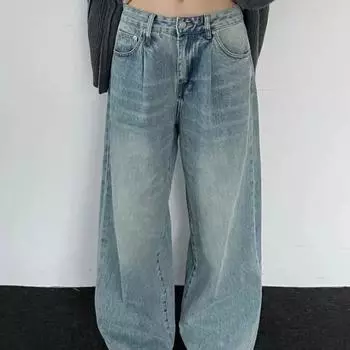 Женские джинсы High Street в американском стиле в стиле ретро с эффектом потертости — большие, прямые, свободные, широкие, универсальные, трендовые Small