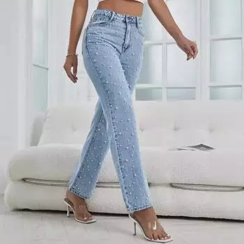 Женские джинсы Jiajun Nine-Point с бусинами Small