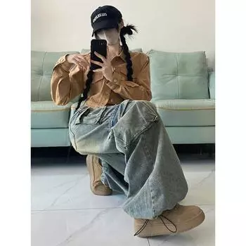 Женские джинсы-карго с карманами и карманами, джинсовые брюки, спортивный костюм с высокой талией, джинсовые спортивные штаны y2k, повседневные мешковатые брюки в стиле Харадзюку для бойфренда S чёрный