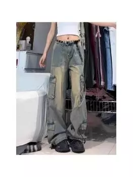 Женские джинсы-карго, винтажные уличные потертые мешковатые женские модные костюмы, повседневные широкие брюки с высокой талией, женские брюки S синий