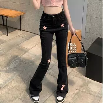 Женские джинсы-клеш, джинсовые брюки, легкие узкие элегантные черные брюки, одежда в корейском стиле, лето 2023 года, с высокой талией S чёрный