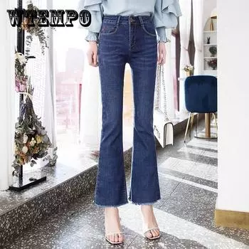 Женские джинсы-клеш с дырками, узкие джинсы-клеш, брюки с высокой талией, широкие джинсы больших размеров XXXXL