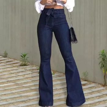 Женские джинсы-клеш с высокой талией, эластичные расклешенные брюки, повседневные брюки с широкими штанинами для работы и отдыха L синий