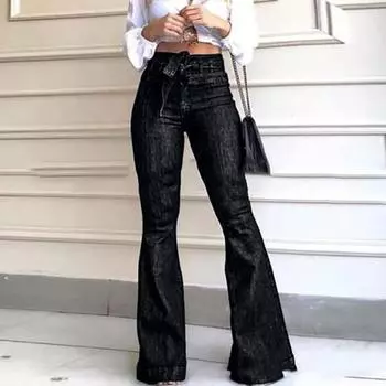 Женские джинсы-клеш с высокой талией, эластичные расклешенные брюки, повседневные брюки с широкими штанинами для работы и отдыха S чёрный