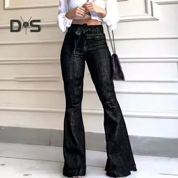 Женские джинсы-клеш с высокой талией, эластичные расклешенные брюки, повседневные брюки с широкими штанинами для работы и отдыха S синий