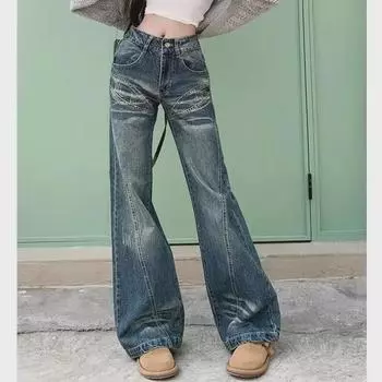 Женские джинсы-клеш с заниженной талией в стиле «американский ретро» — свободный, не сковывающий движения фасон для лета 2XL синий