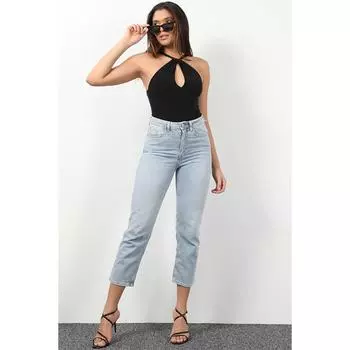 Женские джинсы-кюлоты с высокой талией голубого цвета