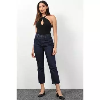 Женские джинсы-кюлоты с высокой талией и пуговицами, темно-синие