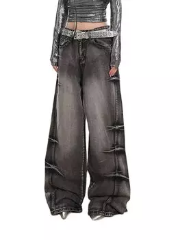 Женские джинсы, мешковатые джинсовые брюки в стиле Харадзюку, Y2k, широкие джинсовые брюки в японском стиле 2000-х годов, винтажная одежда оверсайз, 2024 г. S чёрный