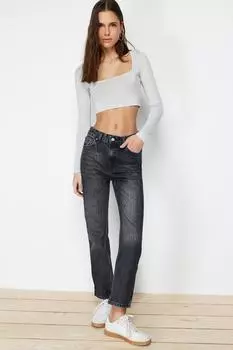 Женские джинсы, модные черные прямые джинсы нового сезона с высокой талией