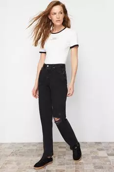 Женские джинсы, модные черные рваные джинсы для мам нового сезона с высокой талией