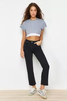 Женские джинсы, модные черные удобные прямые джинсы нового сезона с высокой талией