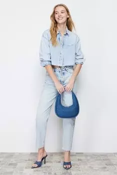 Женские джинсы, модные новогодние голубые джинсы для мам с высокой талией