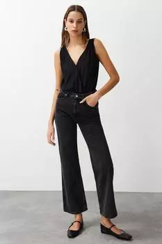 Женские джинсы, модные новые сезонные черные широкие джинсы с высокой талией