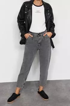 Женские джинсы, модные новые сезонные серые джинсы для мам с высокой талией и строчкой