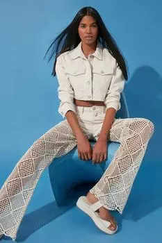 Женские джинсы Модные новые сезонные широкие джинсы с высокой талией и кружевом цвета экрю