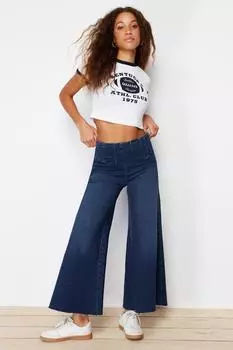 Женские джинсы Модные новые сезонные синие джинсы-кюлоты с высокой талией и строчкой