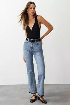 Женские джинсы, модные новые сезонные синие расклешенные джинсы с высокой талией и детальной отделкой