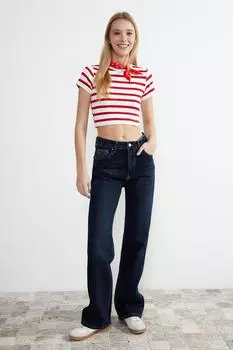 Женские джинсы, модные новые сезонные темно-синие широкие джинсы с высокой талией