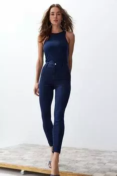 Женские джинсы, модные новые сезонные темно-синие джинсы-джеггинсы с высокой талией