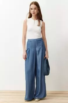 Женские джинсы, модные новые сезонные темно-синие 100% тенселевые плиссированные широкие джинсы с высокой талией