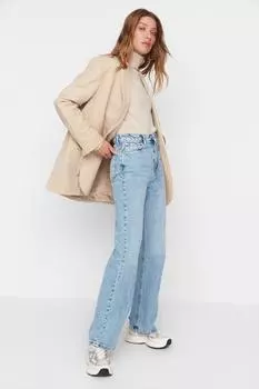 Женские джинсы, модные синие длинные прямые джинсы с высокой талией нового сезона