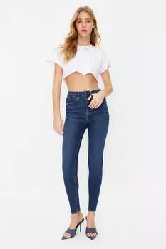 Женские джинсы, модные темно-синие джинсы скинни с высокой талией, новый сезон, пуш-ап
