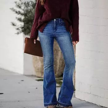 Женские джинсы модные узкие эластичные брюки с высокой талией и расклешенным кроем L синий