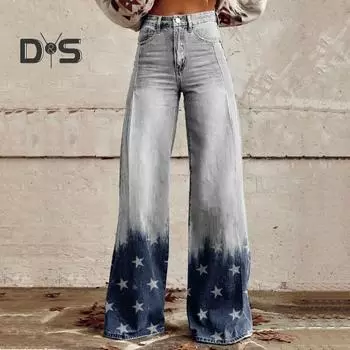 Женские джинсы на пуговицах на молнии, прямые джинсовые брюки с карманами, длинные брюки с цифровым цветочным принтом, уличная одежда M озеро синий