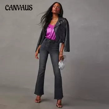 Женские джинсы на весну, лето и осень, брюки с высокой талией в стиле ретро, тонкие эластичные брюки, джинсы-клеш с микро-клешами S чёрный