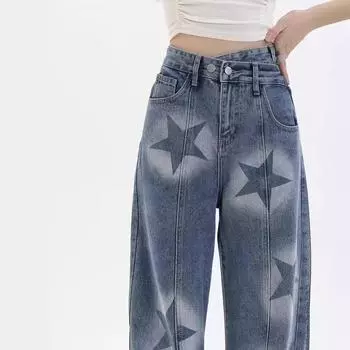 Женские джинсы нестандартного кроя с высокой талией — облегающий, свободный, стильный дизайн с широкими штанинами на весну. 3XL синий